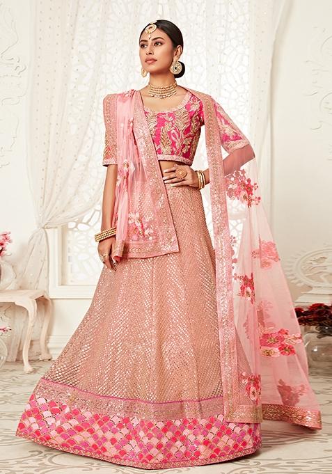 Pink Embroidered Slub Silk Lehenga Set