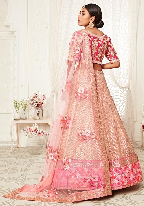 Pink Embroidered Slub Silk Lehenga Set