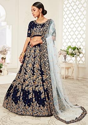 Navy Blue Embroidered Velvet Lehenga Set