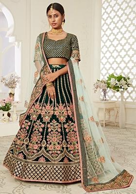 Green Embroidered Velvet Lehenga Set