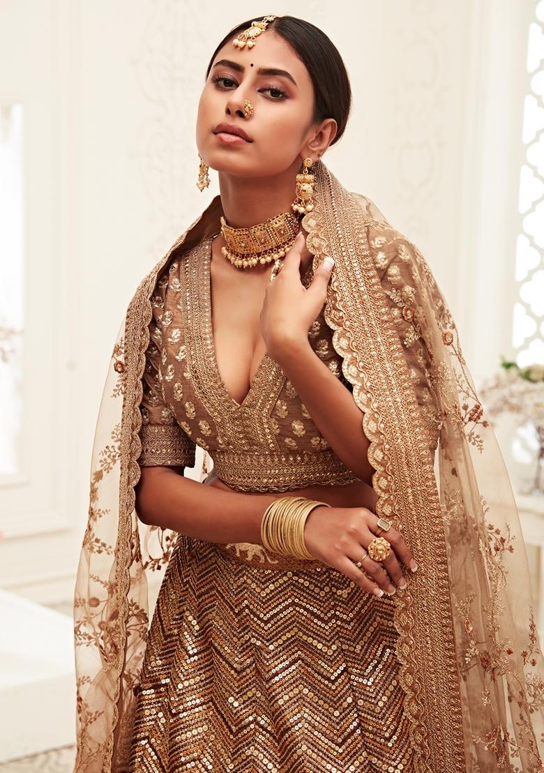 Brown Embroidered Slub Silk Lehenga Set