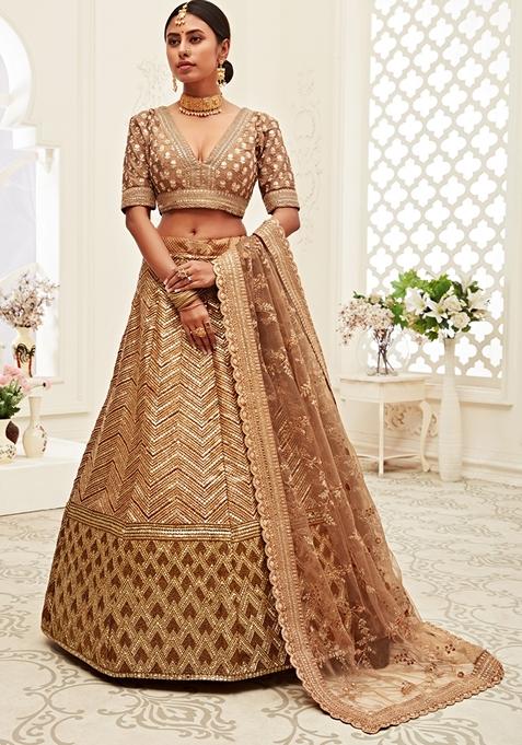 Brown Embroidered Slub Silk Lehenga Set