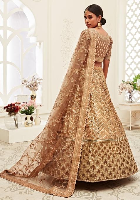 Brown Embroidered Slub Silk Lehenga Set