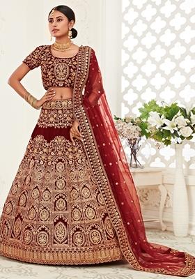 Red Embroidered Velvet Lehenga Set