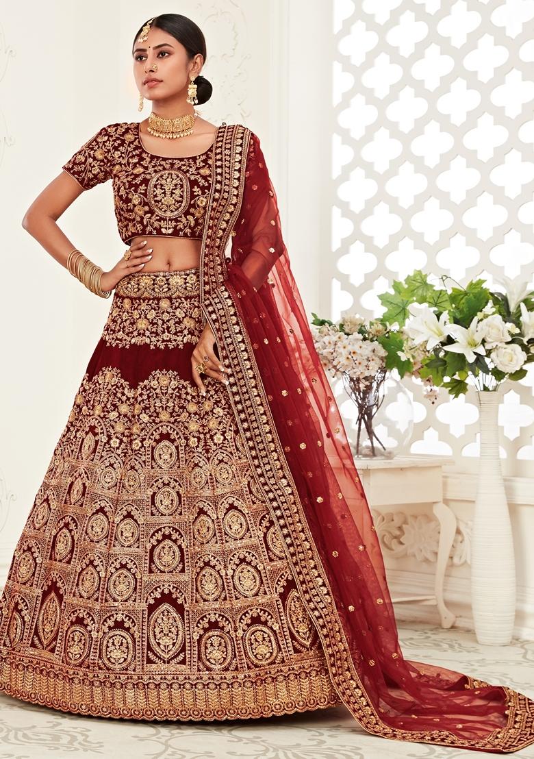 Red Embroidered Velvet Lehenga Set