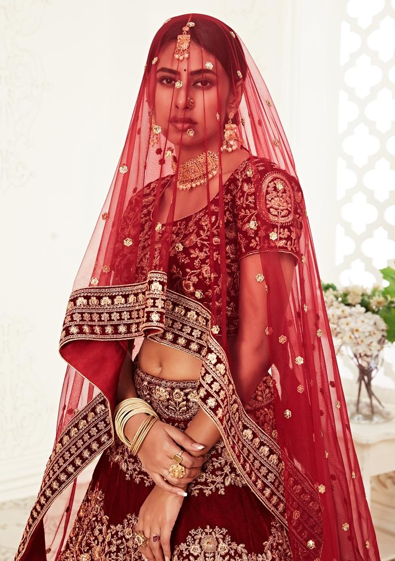 Red Embroidered Velvet Lehenga Set