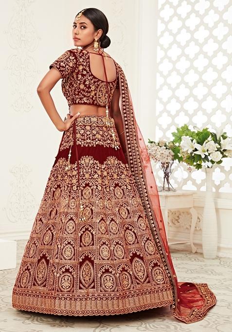 Red Embroidered Velvet Lehenga Set