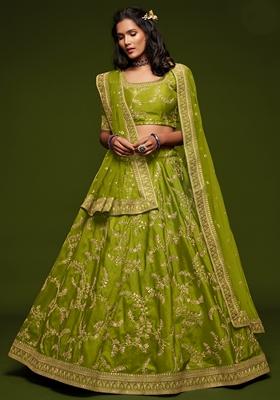 Neon Green Embroidered Art Silk Lehenga Set