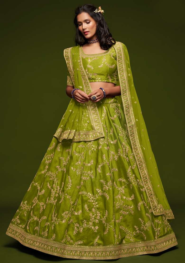Neon Green Blend Art Silk Lehenga Set with Embroidered for Diwali | Wedding & Festive Wear - Indya
