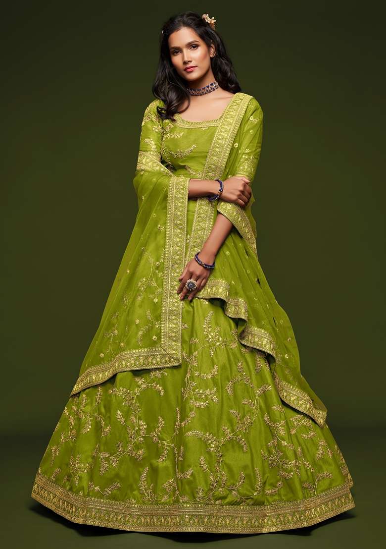 Neon Green Blend Art Silk Lehenga Set with Embroidered for Diwali | Wedding & Festive Wear - Indya