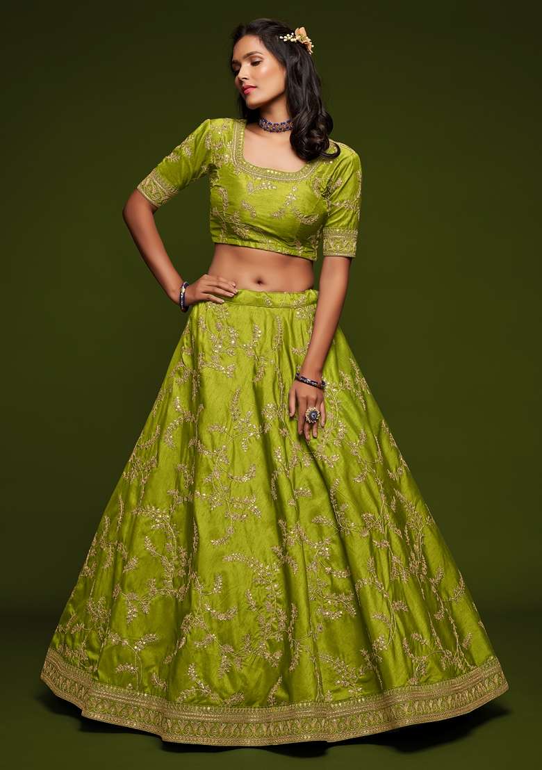 Neon Green Blend Art Silk Lehenga Set with Embroidered for Diwali | Wedding & Festive Wear - Indya