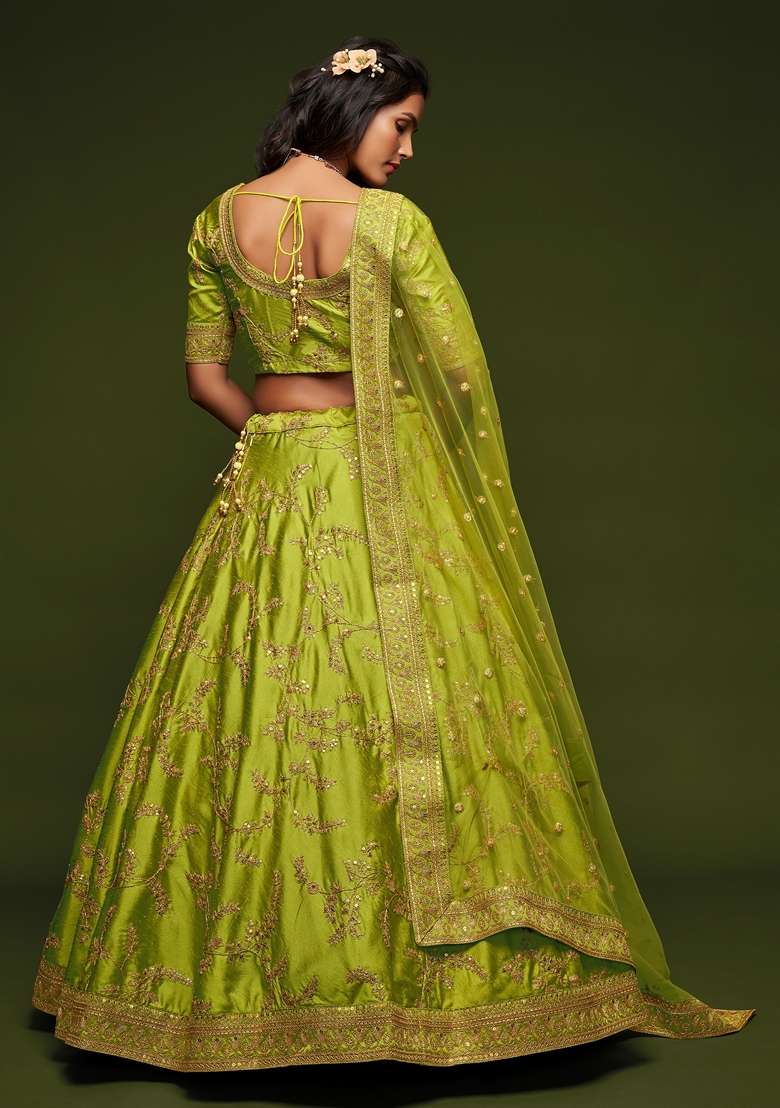 Neon Green Blend Art Silk Lehenga Set with Embroidered for Diwali | Wedding & Festive Wear - Indya