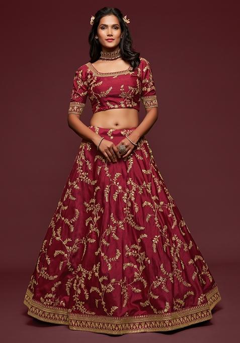 Maroon Embroidered Art Silk Lehenga Set