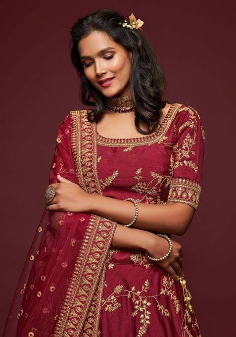 Maroon Embroidered Art Silk Lehenga Set