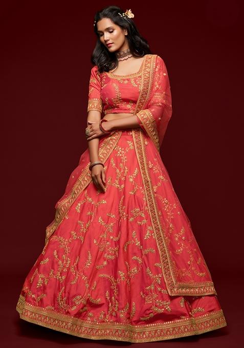 Carrot Pink Embroidered Art Silk Lehenga Set