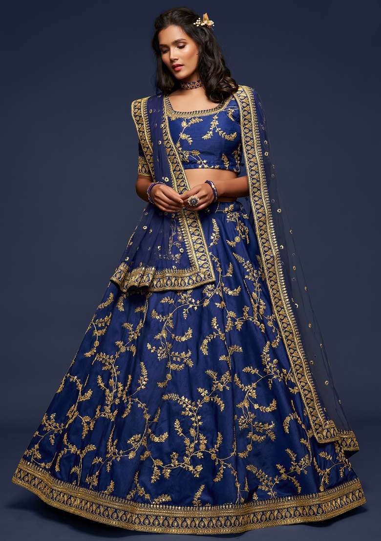 Blue Blend Art Silk Lehenga Set with Embroidered for Diwali | Wedding & Festive Wear - Indya