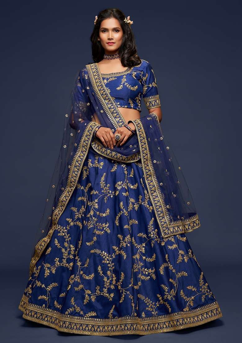 Blue Blend Art Silk Lehenga Set with Embroidered for Diwali | Wedding & Festive Wear - Indya