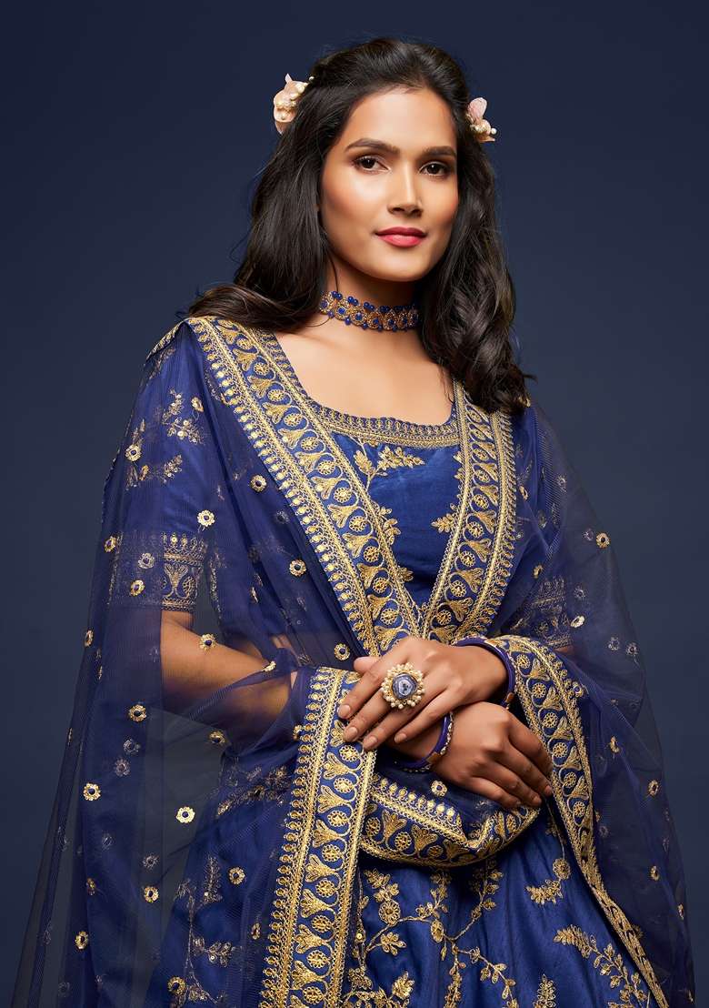 Blue Blend Art Silk Lehenga Set with Embroidered for Diwali | Wedding & Festive Wear - Indya