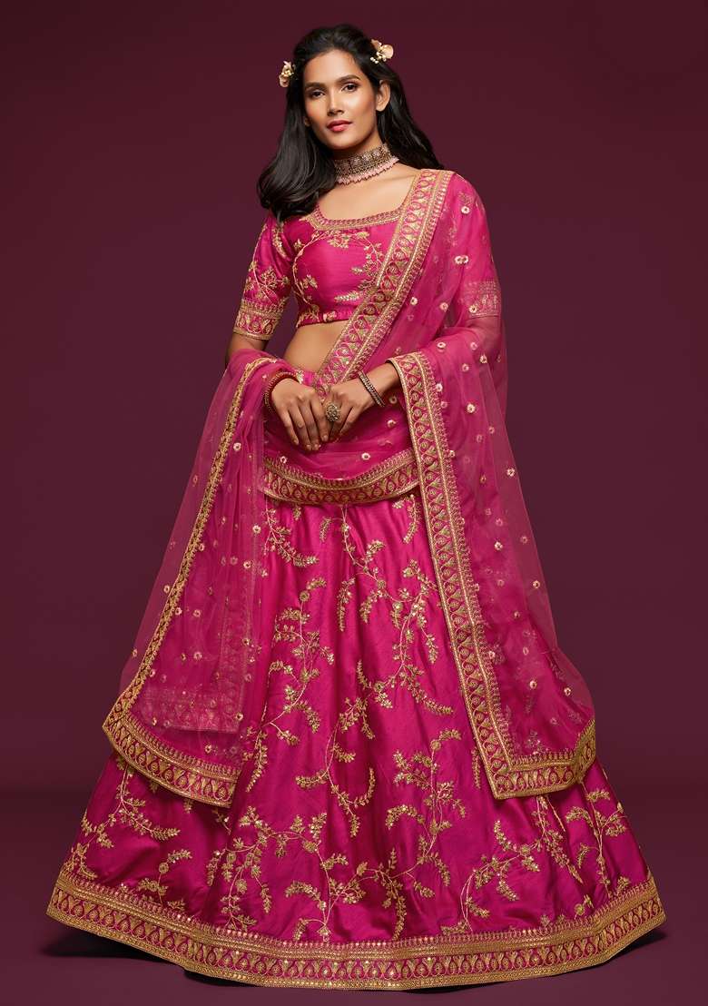 Pink Blend Art Silk Lehenga Set with Embroidered for Diwali | Wedding & Festive Wear - Indya