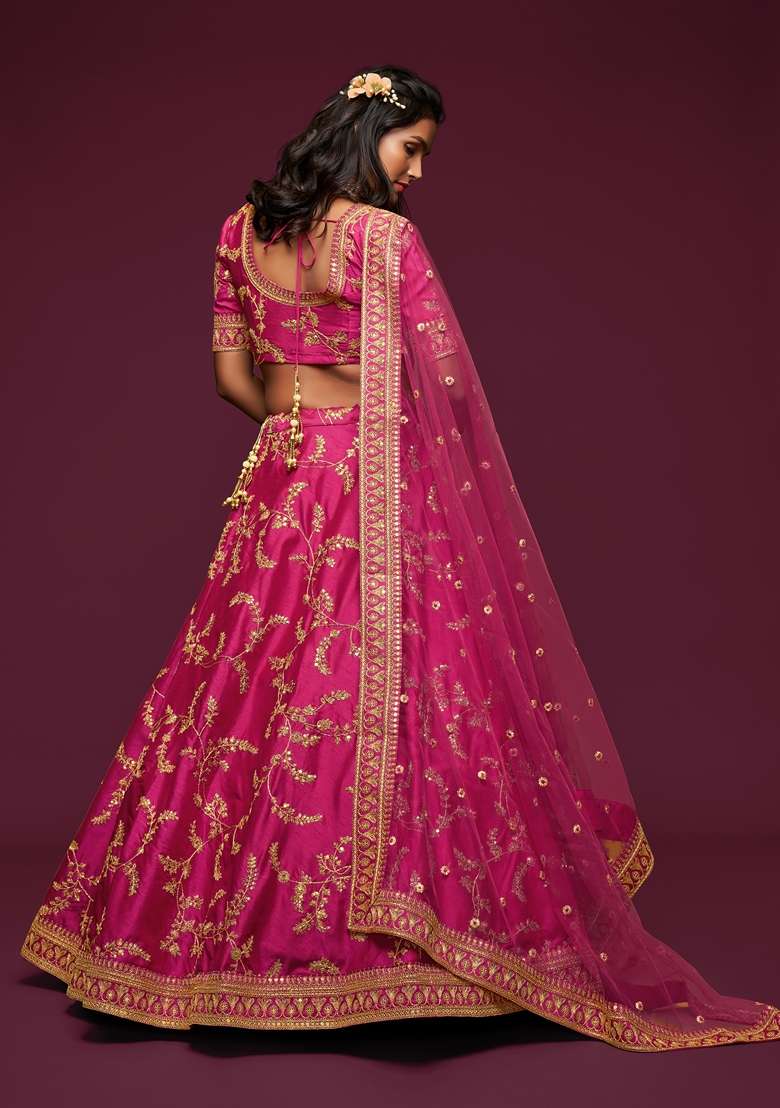 Pink Blend Art Silk Lehenga Set with Embroidered for Diwali | Wedding & Festive Wear - Indya