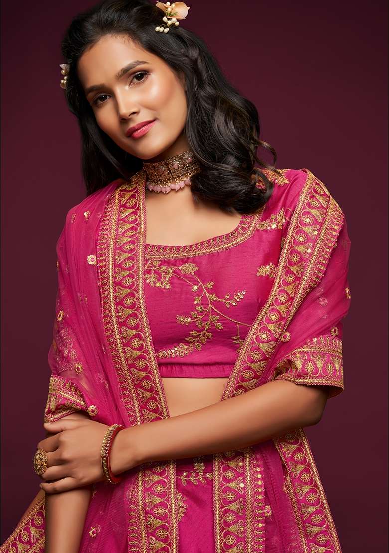 Pink Blend Art Silk Lehenga Set with Embroidered for Diwali | Wedding & Festive Wear - Indya