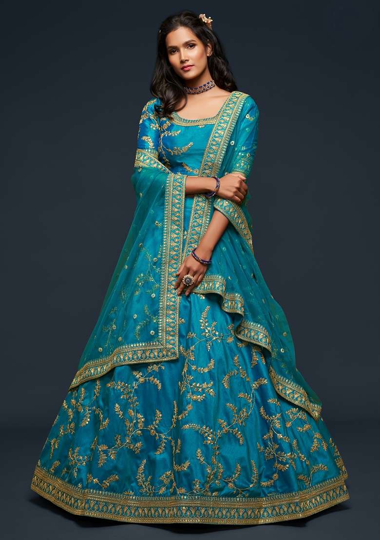 Teal Blue Blend Art Silk Lehenga Set with Embroidered for Diwali | Wedding & Festive Wear - Indya