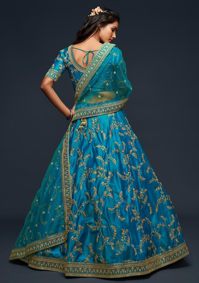 Teal Blue Embroidered Art Silk Lehenga Set