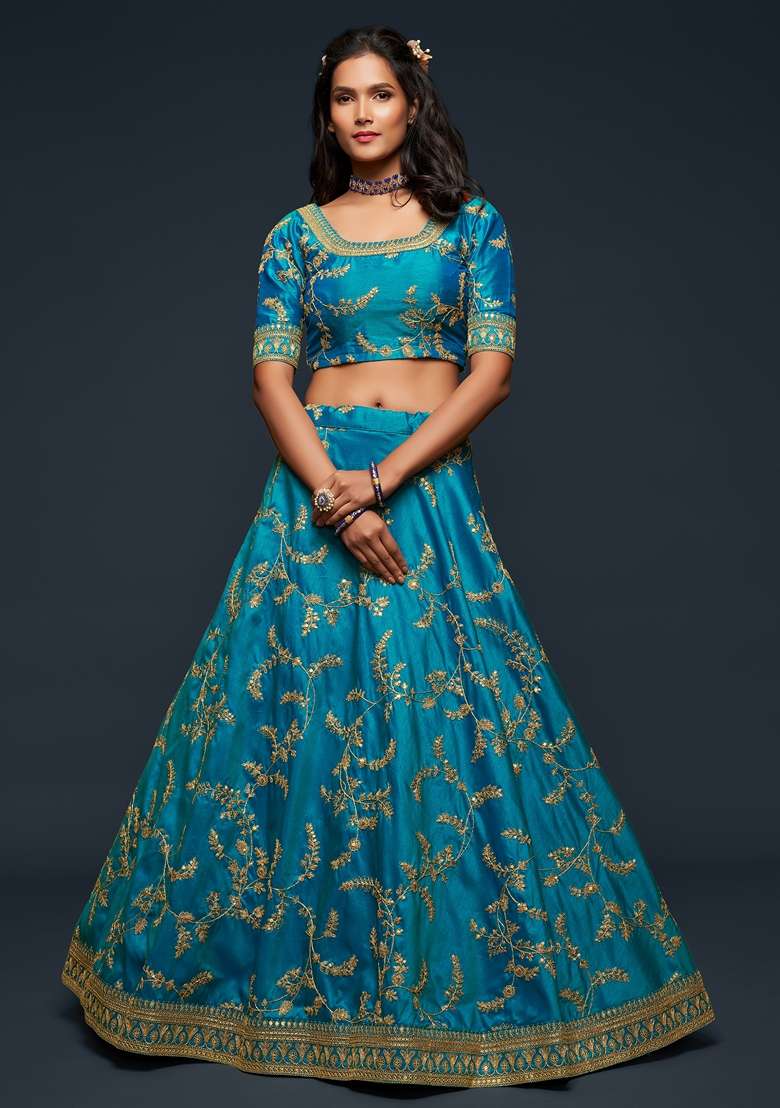 Teal Blue Blend Art Silk Lehenga Set with Embroidered for Diwali | Wedding & Festive Wear - Indya