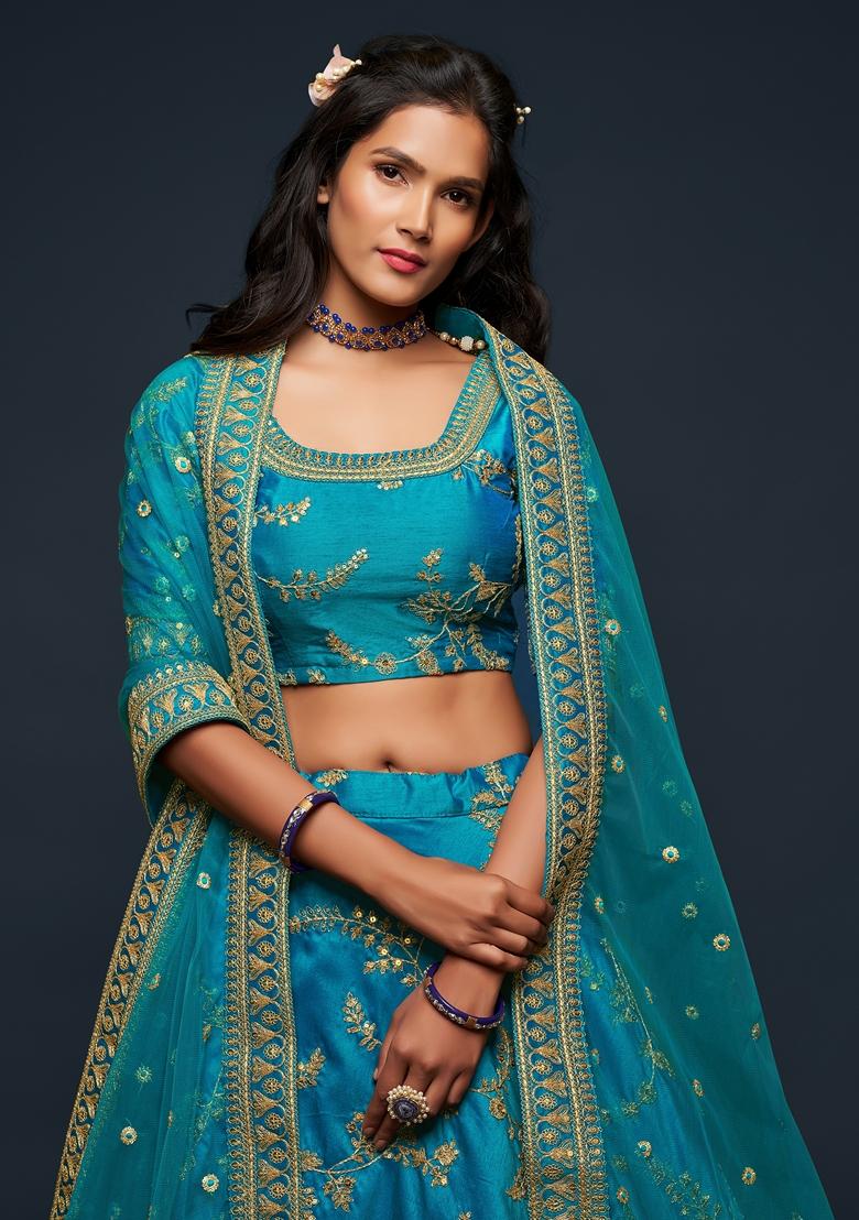 Teal Blue Embroidered Art Silk Lehenga Set