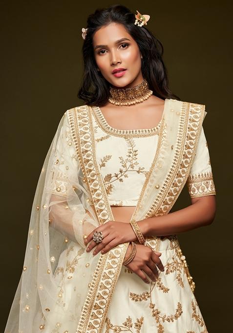 White Embroidered Art Silk Lehenga Set