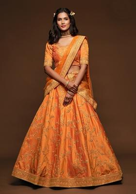 Orange Embroidered Art Silk Lehenga Set