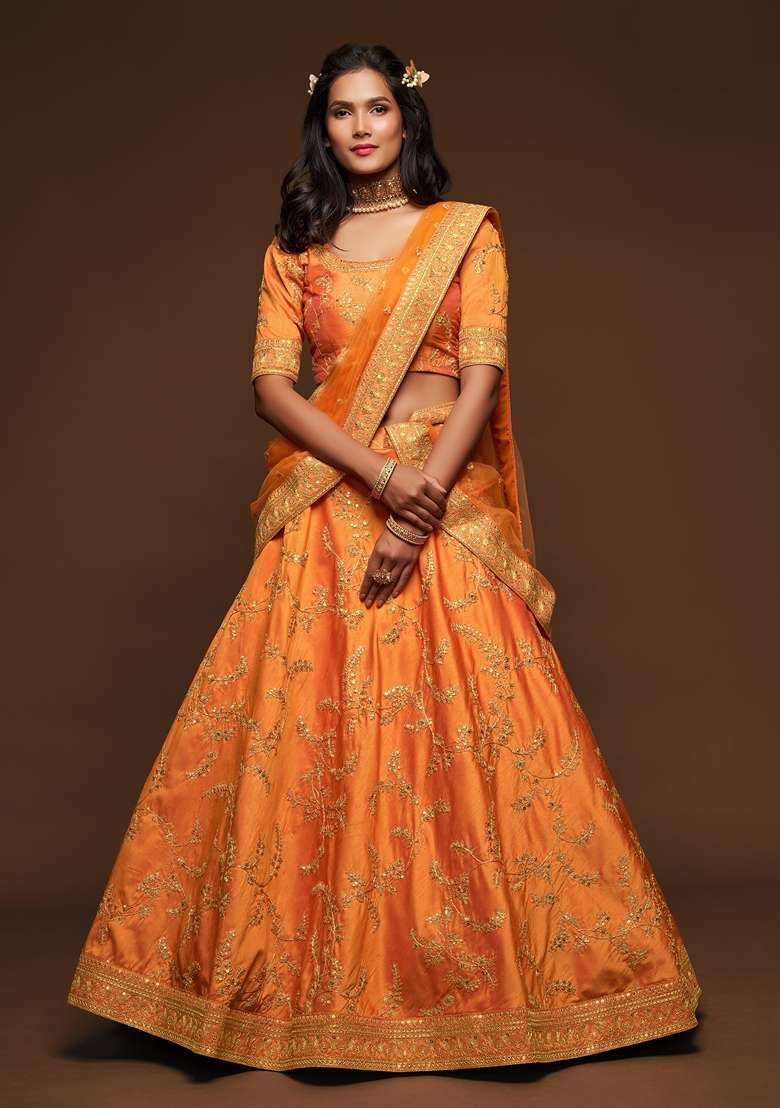 Orange Blend Art Silk Lehenga Set with Embroidered for Diwali | Wedding & Festive Wear - Indya