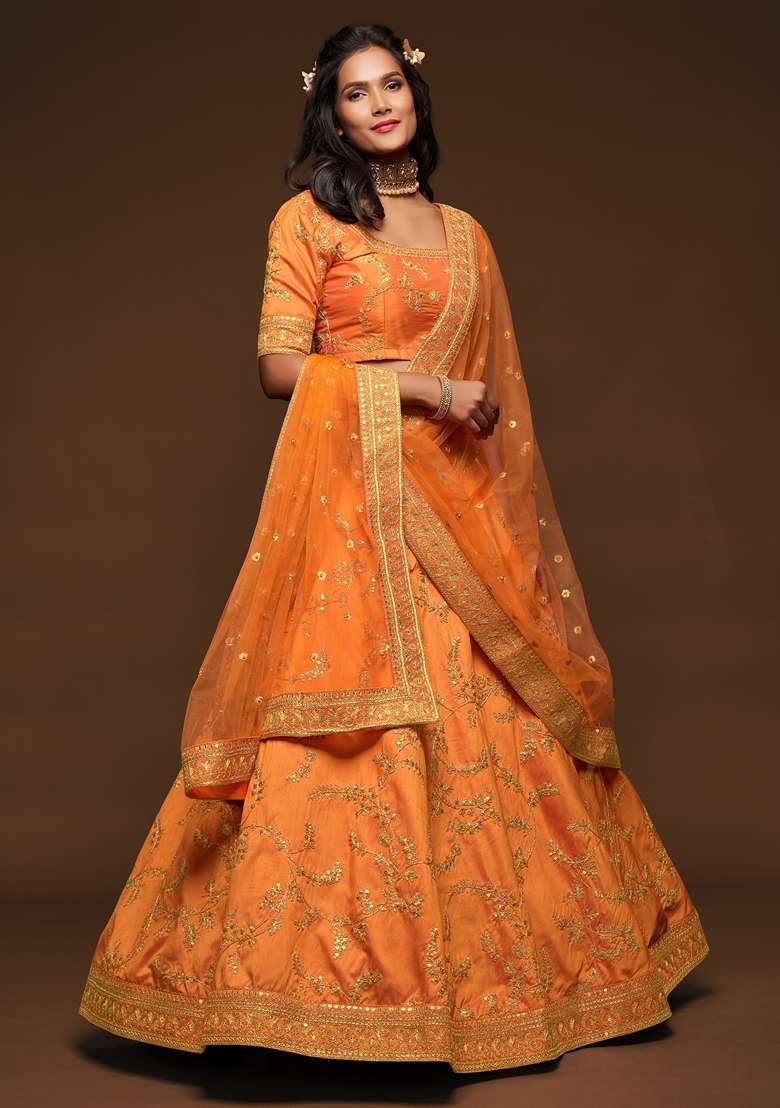 Orange Blend Art Silk Lehenga Set with Embroidered for Diwali | Wedding & Festive Wear - Indya