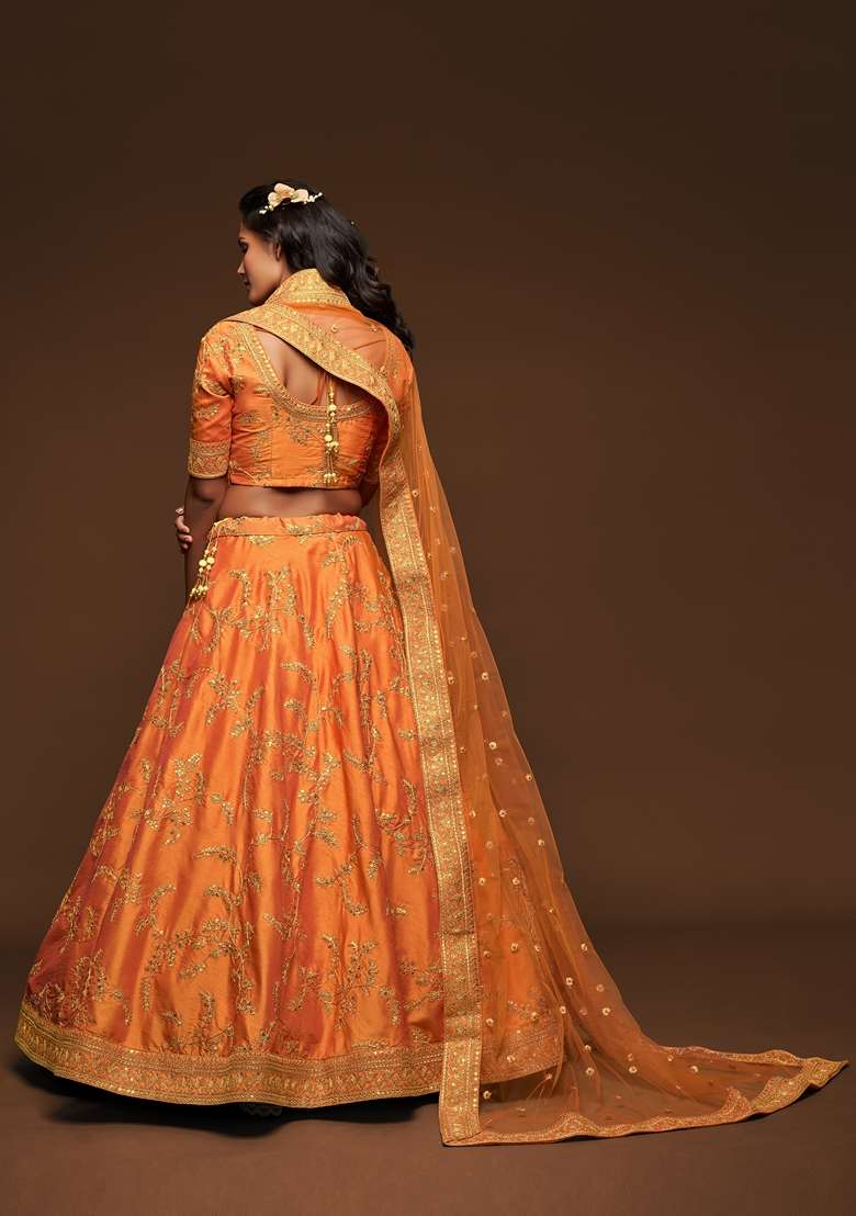 Orange Blend Art Silk Lehenga Set with Embroidered for Diwali | Wedding & Festive Wear - Indya