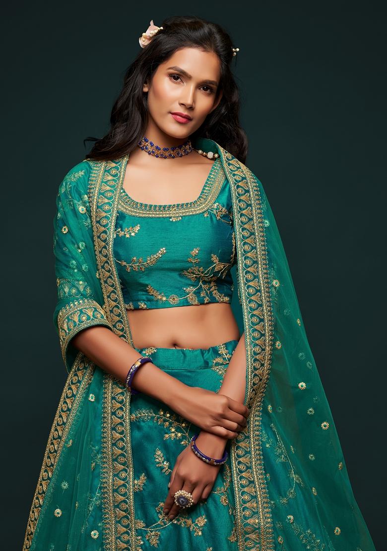 Green Embroidered Art Silk Lehenga Set