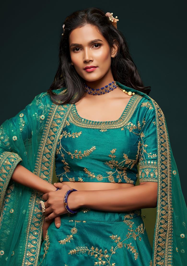 Green Embroidered Art Silk Lehenga Set