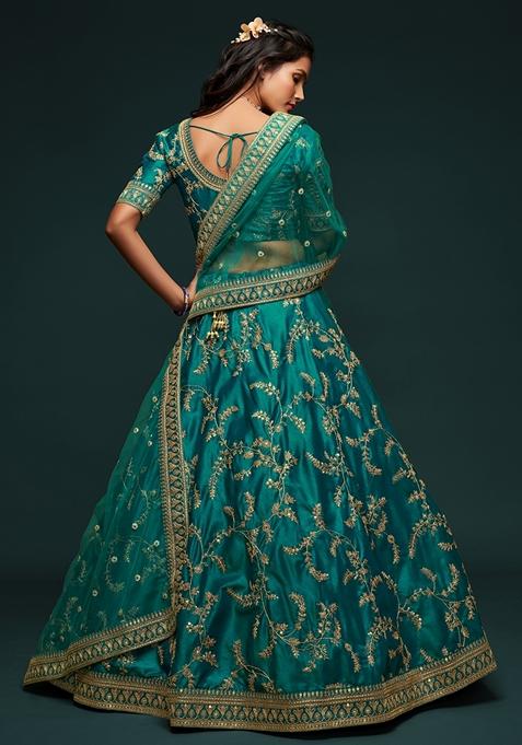 Green Embroidered Art Silk Lehenga Set