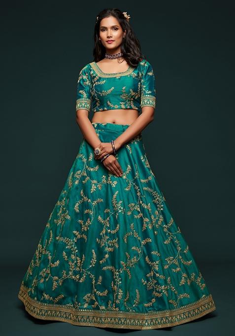 Green Embroidered Art Silk Lehenga Set