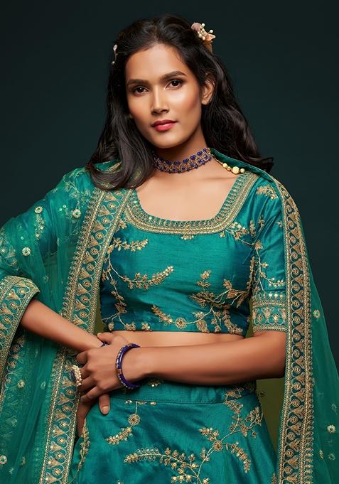 Green Embroidered Art Silk Lehenga Set