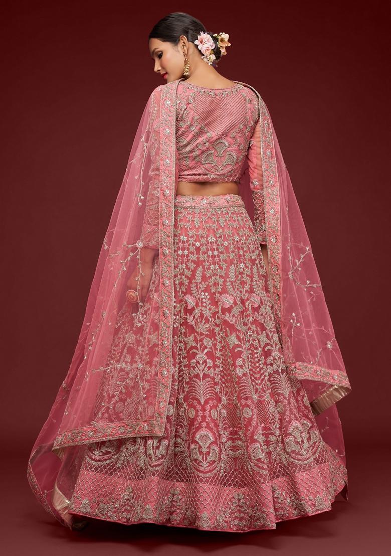 Rose Pink Embroidered Soft Net Lehenga Set