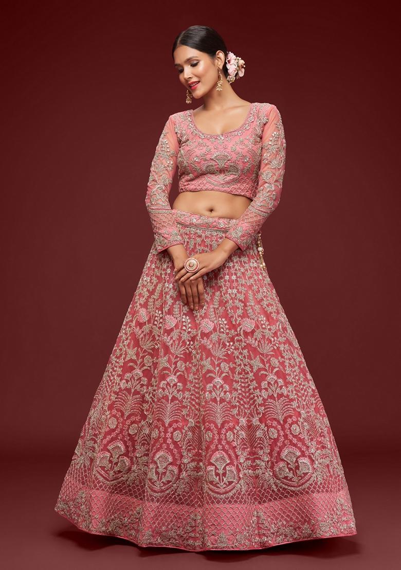 Rose Pink Embroidered Soft Net Lehenga Set