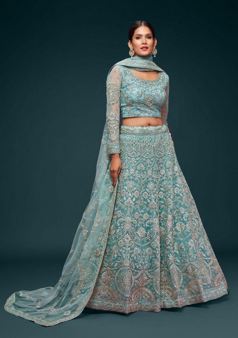 Aqua Blue Embroidered Soft Net Lehenga Set