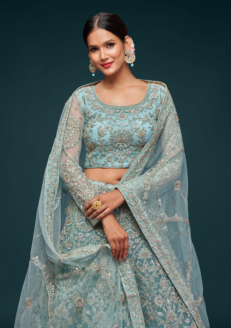 Aqua Blue Embroidered Soft Net Lehenga Set