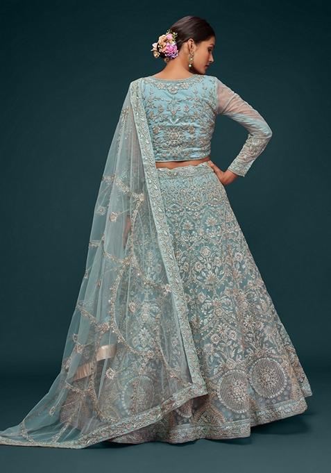 Aqua Blue Embroidered Soft Net Lehenga Set