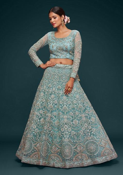 Aqua Blue Embroidered Soft Net Lehenga Set