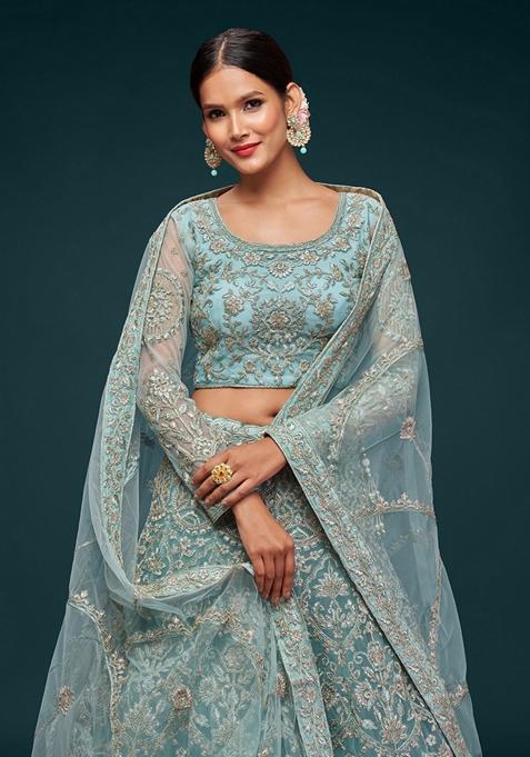Aqua Blue Embroidered Soft Net Lehenga Set