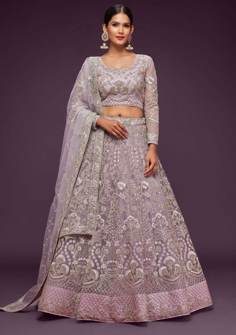 Dusky Purple Embroidered Soft Net Lehenga Set for Diwali and Festive Wear - Indya