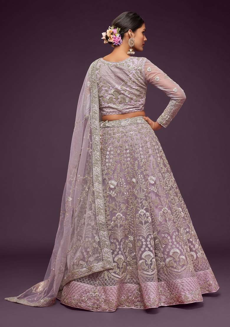 Dusky Purple Embroidered Soft Net Lehenga Set for Diwali and Festive Wear - Indya