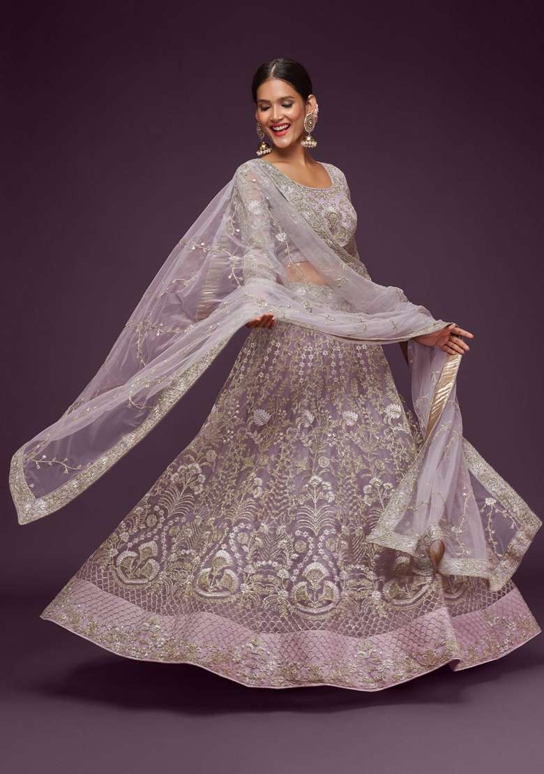Dusky Purple Embroidered Soft Net Lehenga Set for Diwali and Festive Wear - Indya