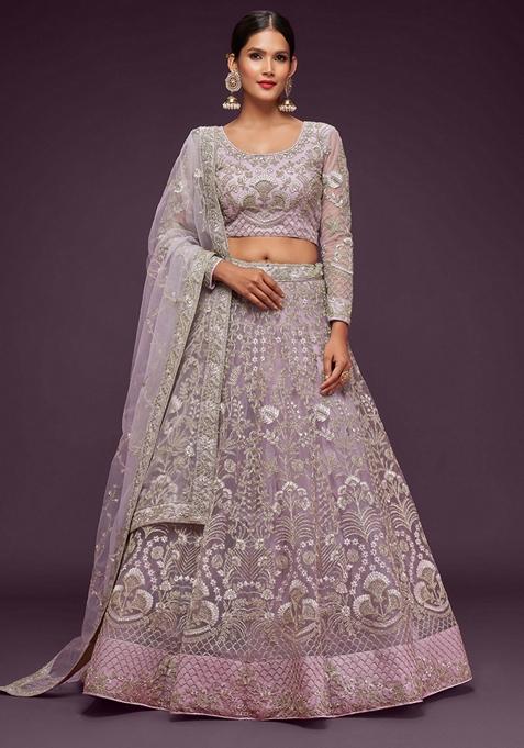 Dusky Purple Embroidered Soft Net Lehenga Set